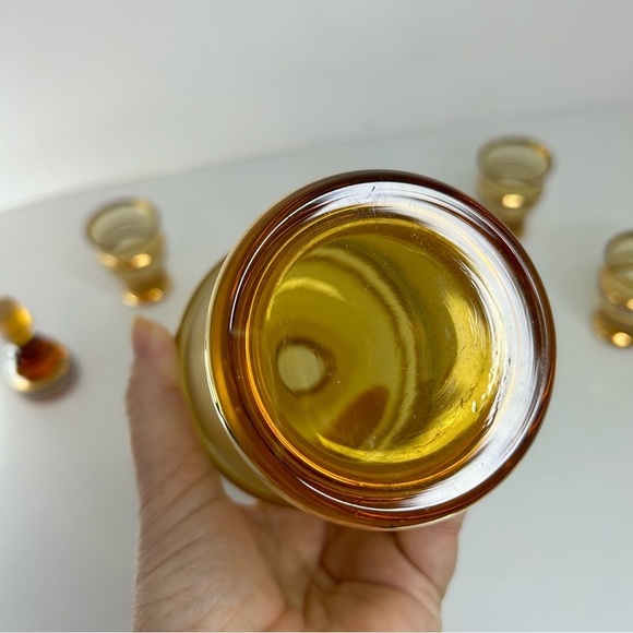 Amber Glass Gold Silver Stripes Decanter With 3 Cordial Glasses Barware - Picture 8 of 12